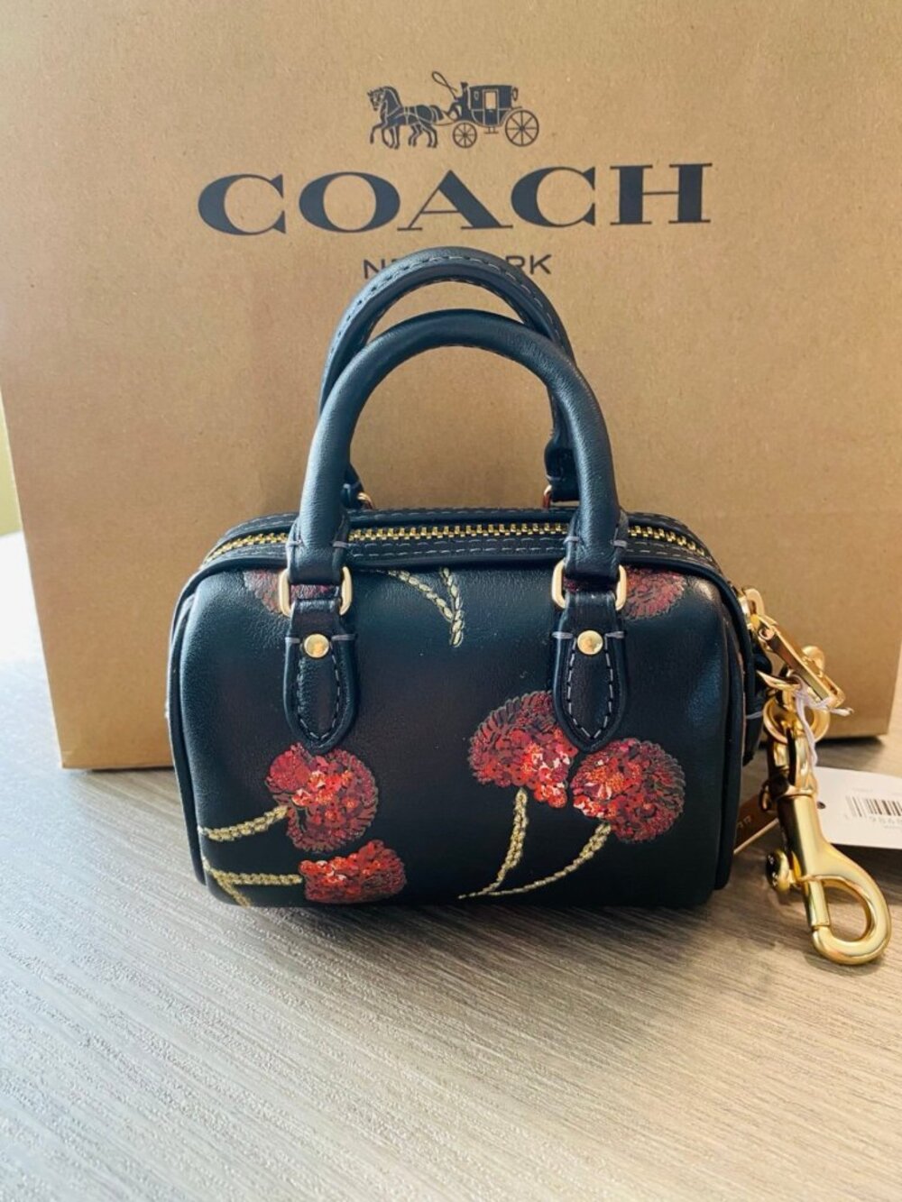 COACH CDB17 Mini Rowan Bag Charm Cherry Print Smooth Leather Gold/Black Multi - Picture 3 of 6